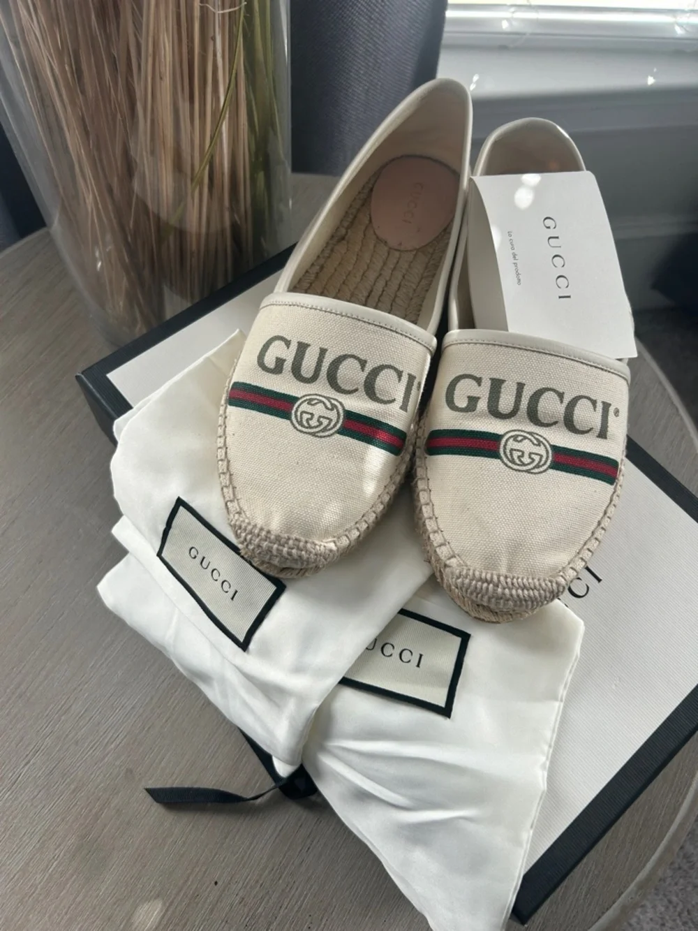 Gucci Cream Canvas Espadrilles with Green and Red Web - Picture 6 of 8